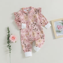 Load image into Gallery viewer, Baby Girls Romper Fall Jumpsuit Long Sleeve Crew Neck Flower Print Zipper Closure Romper
