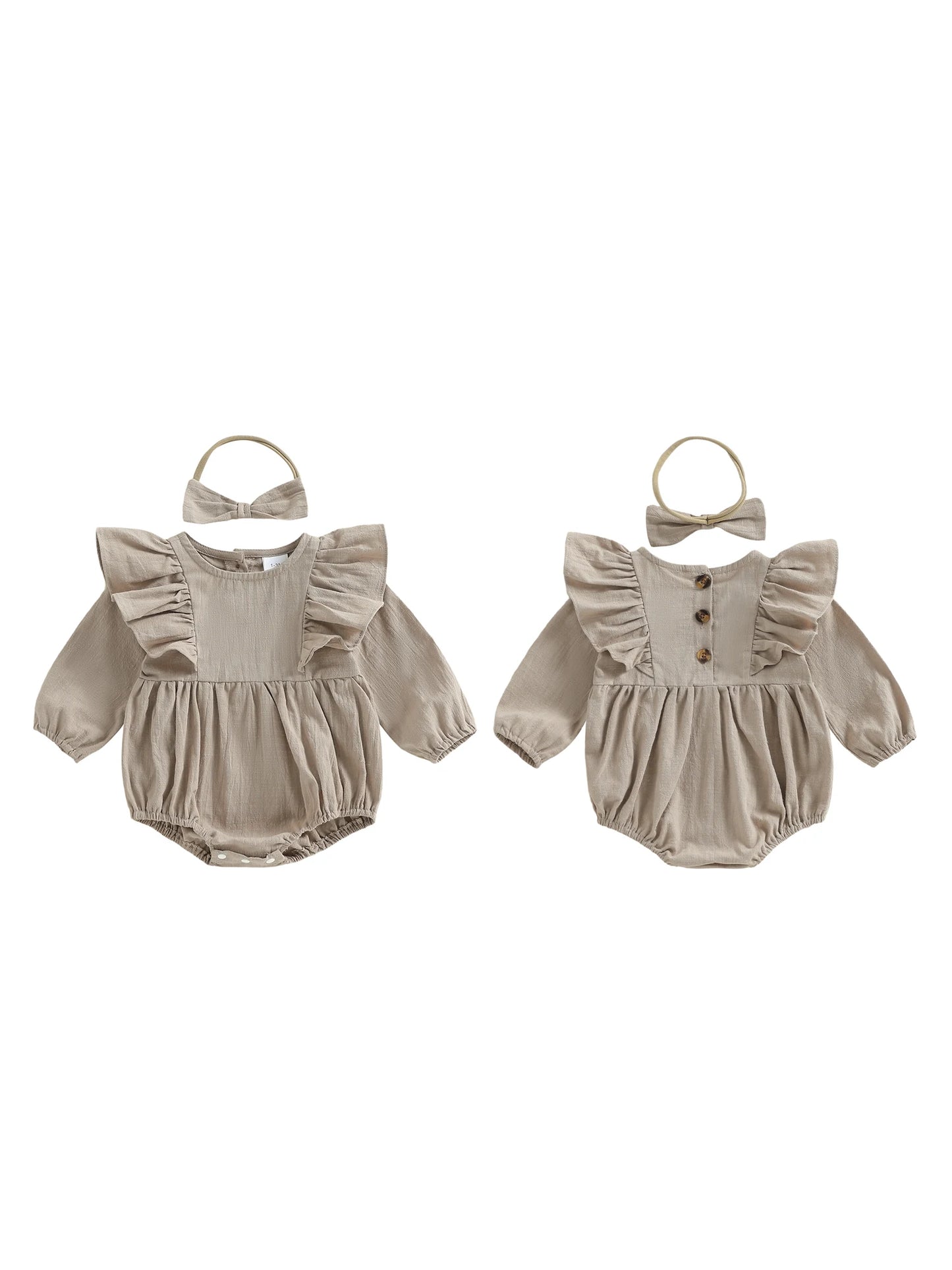 Baby Girl 2Pcs Spring Romper Solid Color Long Sleeves Round Neck Ruffled Bodysuit and Matching Bow Headband Set