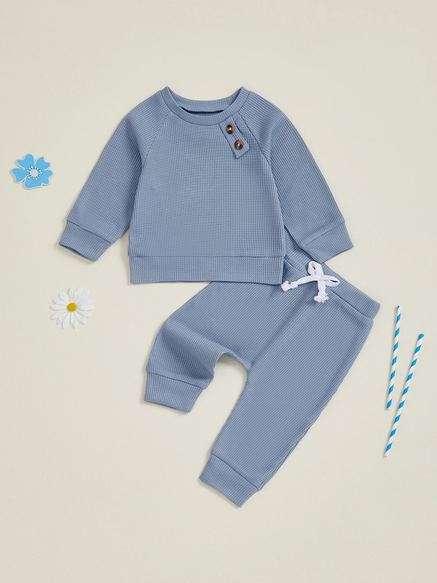 Baby Toddler Boys Winter Fall Outfit Solid Button Long Sleeve Top and Elastic Waist Pants 2Piece Waffle Set