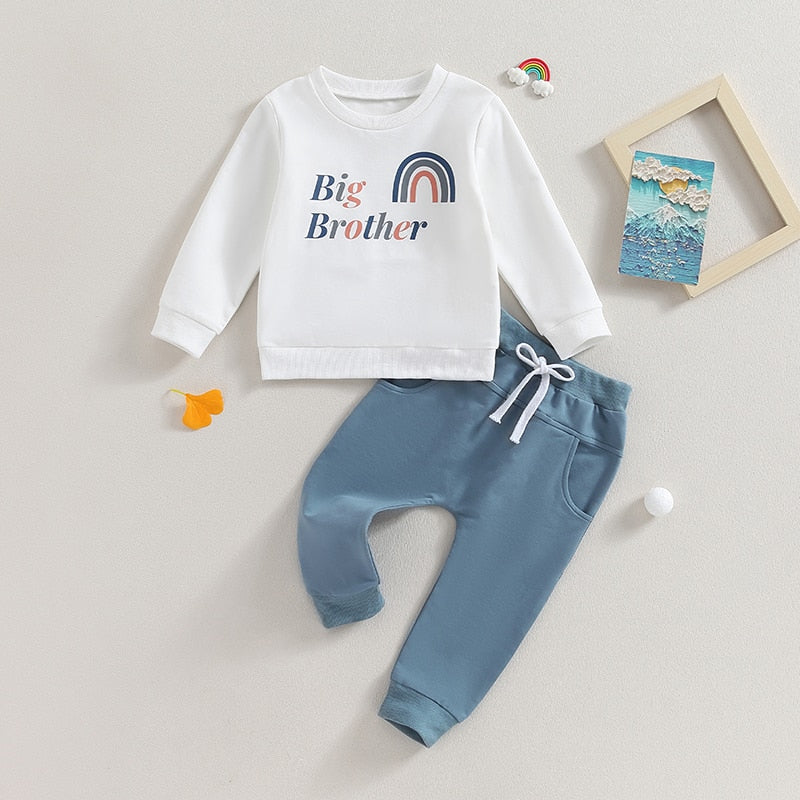 Baby Toddler Boys 2Pcs Long Sleeve Letter Print Lil Big Brother Rainbow Crew Neck Pullover Top +Jogger Pants Clothes Sibling Matching Set