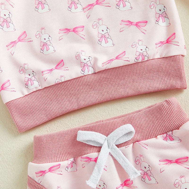 Baby Toddler Girls 2Pcs Easter Outfit Bow Bunny Rabbit Print Long Sleeve Top + Elastic Waist Long Pants Spring Set