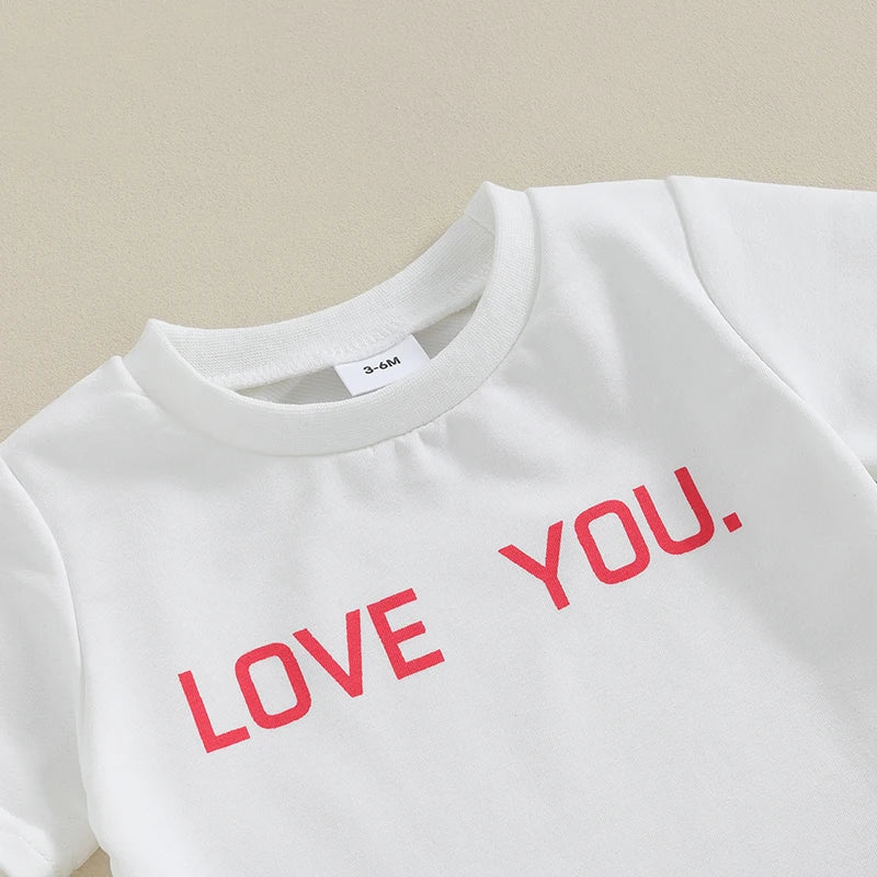 Toddler Baby Boy Girl 2Pcs Valentine's Day Outfit Pullover Short Sleeve Letters LOVE YOU Top Long Pants Set