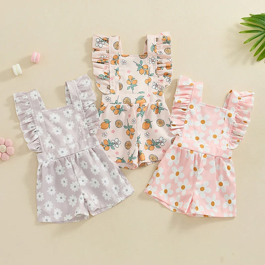 Toddler Girls Overalls Flower Daisy Oranges Print Fly Sleeve Backless Summer Romper Jumpsuit