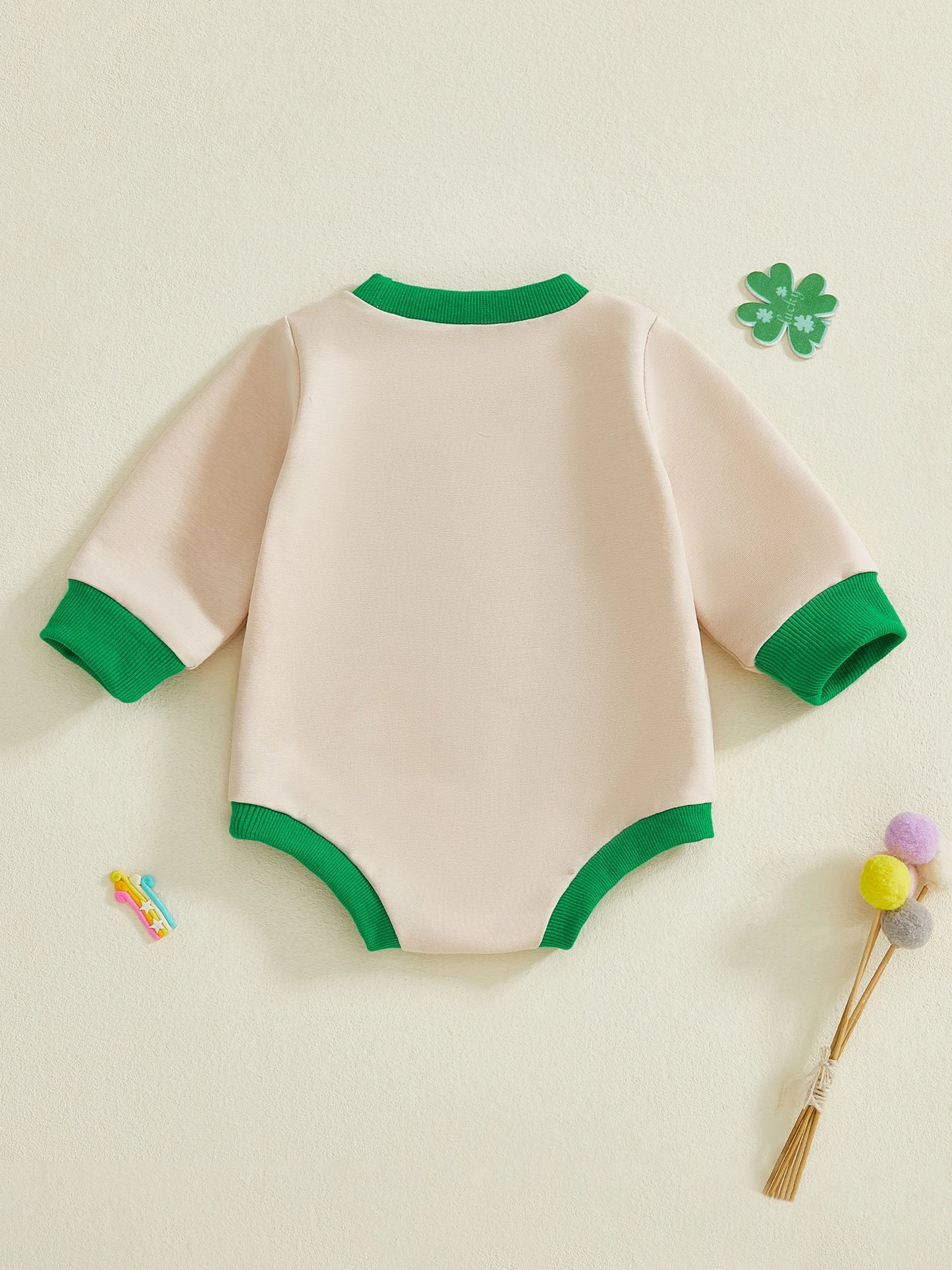 Baby Boys Girls St.Patricks Day Romper Long Sleeve Round Neck Shamrock Embroidery Bodysuit Playsuit