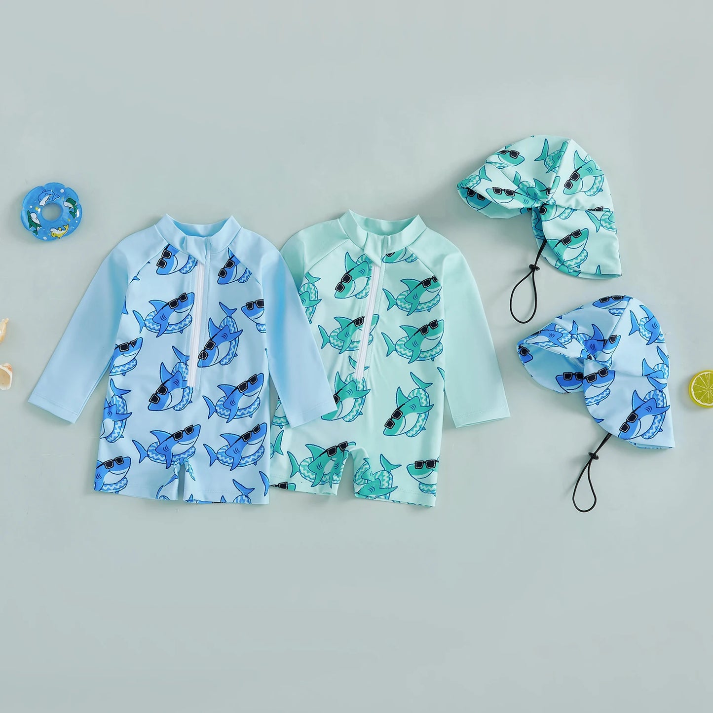 Baby Toddler Boys 2Pcs Rash Guard Swimsuit Shark Print Long Sleeve Zip Up Bathing Suit with Sun Cap Hat Set