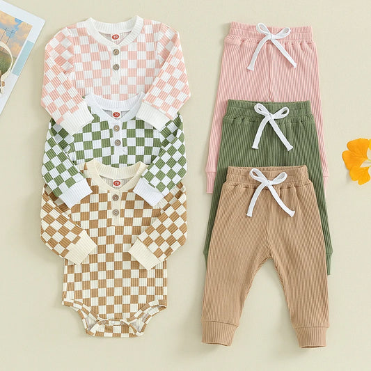 Baby Toddler Boys Girls 2Pcs Fall Outfits Long Sleeve Checker Print Romper Jogger Pants Set