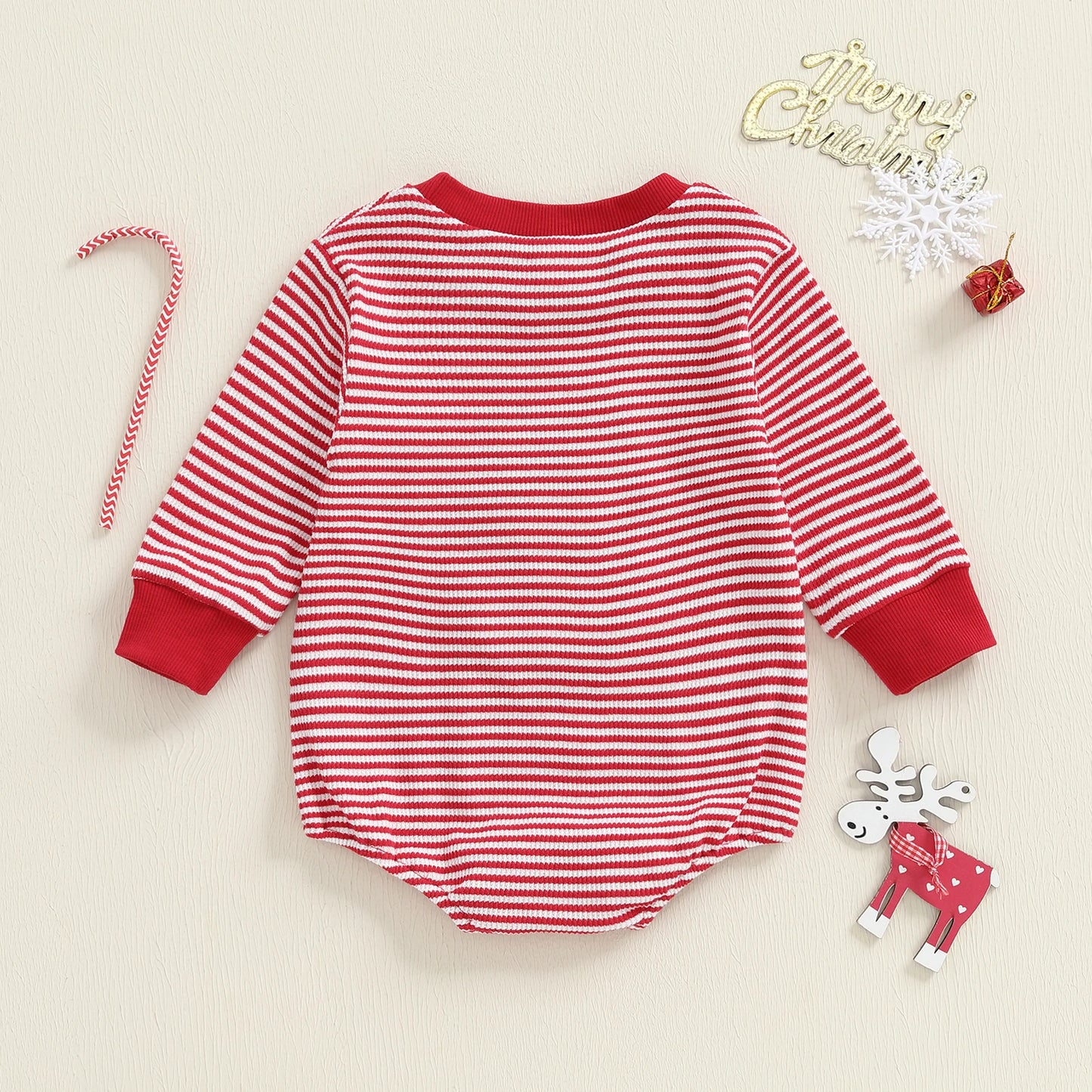 Baby Boys Girls Striped Romper Fashionable Christmas Reindeer Embroidery Round Neck Long Sleeve Jumpsuit