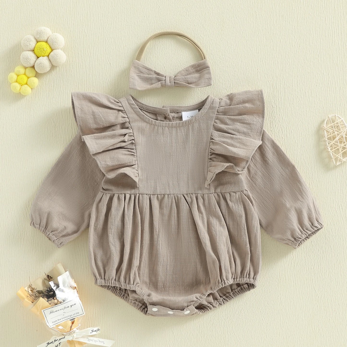 Baby Girl 2Pcs Spring Romper Solid Color Long Sleeves Round Neck Ruffled Bodysuit and Matching Bow Headband Set