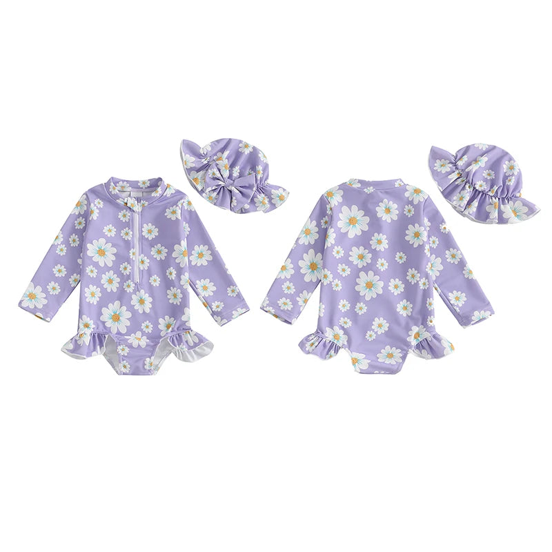 Baby Toddler Girls 2Pcs Swimsuit Long Sleeve Floral/Bow Print Ruffles Bathing Suit Swimwear with Swim Cap Set
