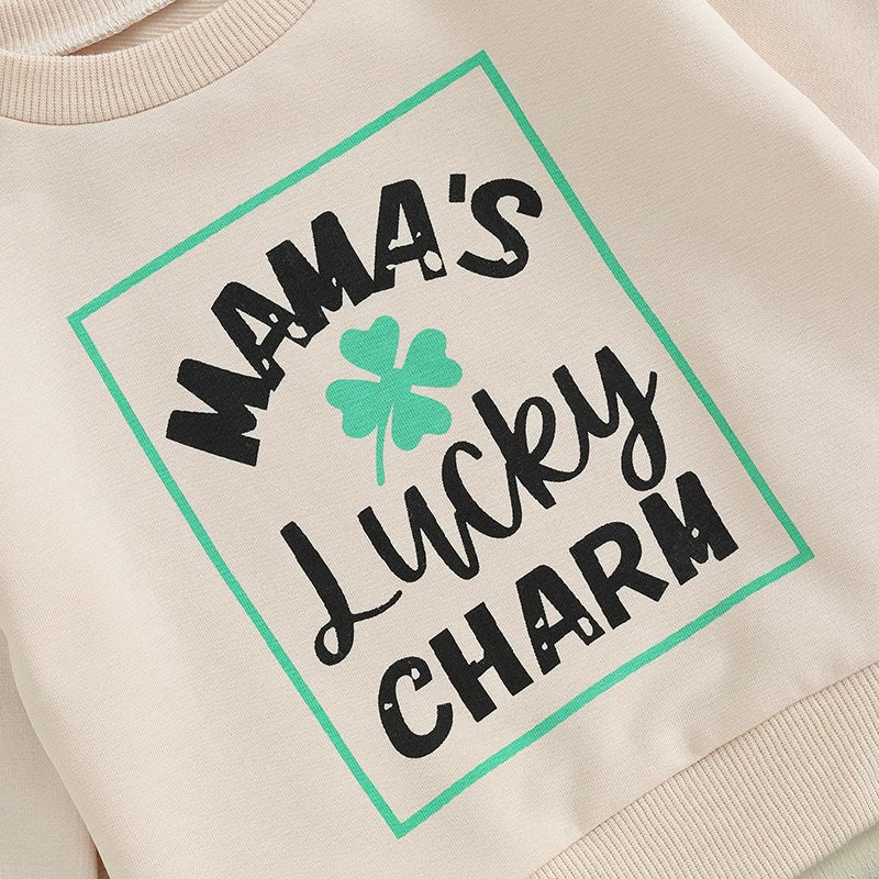 Toddler Baby Boy 2Pcs St. Patrick's Day Outfit Long Sleeve Clover Mama's Lucky Charm Letter Top Pant Set