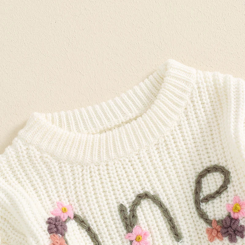 Baby Girl Birthday Sweater One Casual Floral Flowers Letter Embroidery Warm Long Sleeve Knitted Pullover Infant Knitwear Top