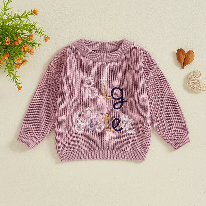 Baby Toddler Kids Girls Big Sister Fall Winter Sweater Casual Letter Flower Embroidery Crew Neck Long Sleeve Pullover Top