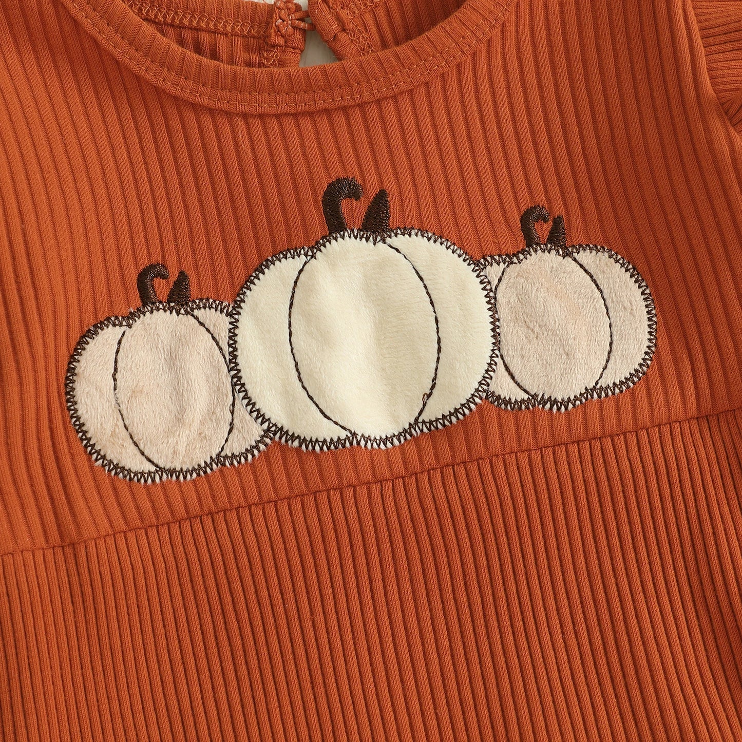 Baby Girl Pumpkin Embroidered Jumpsuit Halloween Fall Long Sleeve Round Neck Ruffle Romper