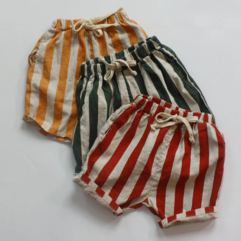 Baby Toddler Kids Summer Vintage Linen Cotton Shorts Stripes Casual Pocket Design