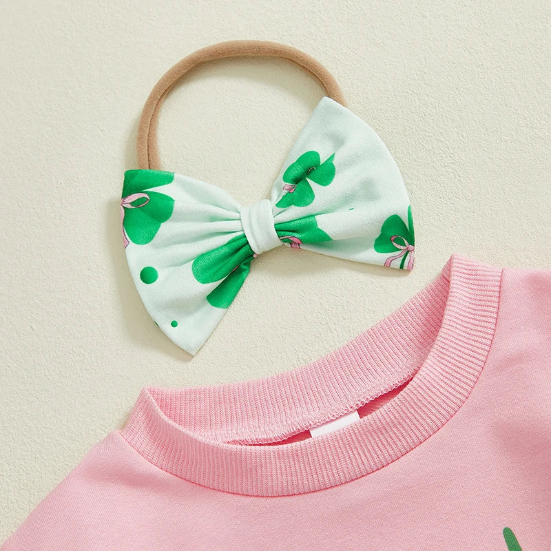 Baby Toddler Girls 3Pcs Daddy's Lucky Charm / Lucky Clover Spring Outfit Long Sleeve Top + Shamrock Pants + Headband Bow Set Clothes St. Patrick's Day