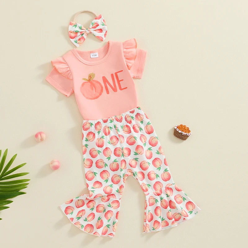 Baby Girls 3Pcs ONE Birthday Outfit Peach Print Short Sleeve Romper and Flare Long Pants Headband Set