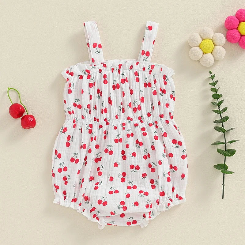 Baby Girl Summer Romper Cute Flower Carrot Cherries Print Sleeveless Tank Top Bow Front Bodysuit