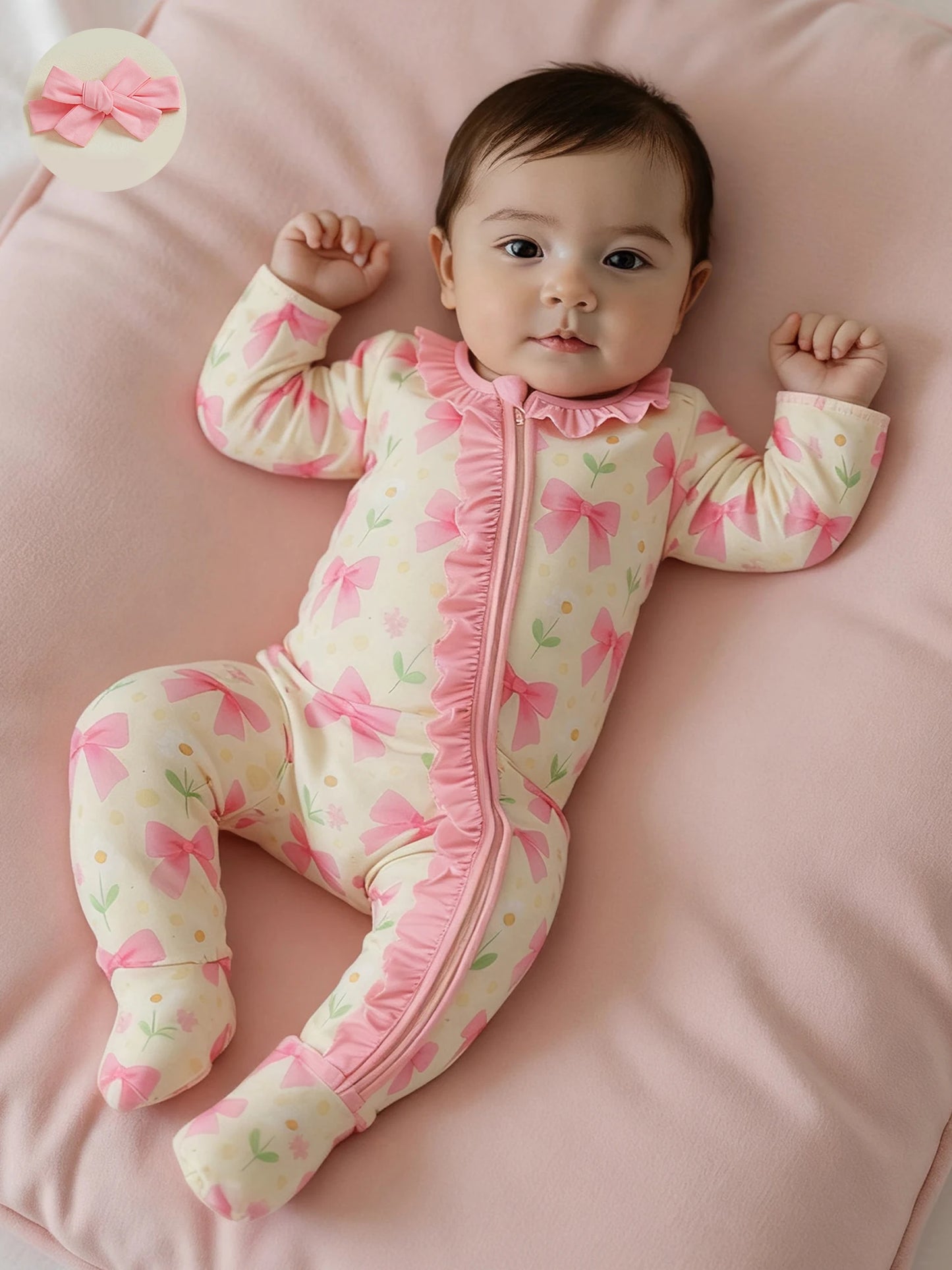 Baby Girl 2Pcs Footed Zipper Romper Floral Print Long Sleeve Zip Up Round Neck Ruffled Jumpsuit with Headband Set