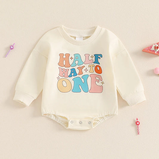 Baby Girls Boys Half Way To One Bubble Romper Half Birthday Letter Print Long Sleeve Bodysuit