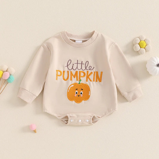 Baby Girls Boys Bodysuit Little Pumpkin Letter Embroidery Long Sleeve Bubble Jumpsuit Halloween Thanksgiving