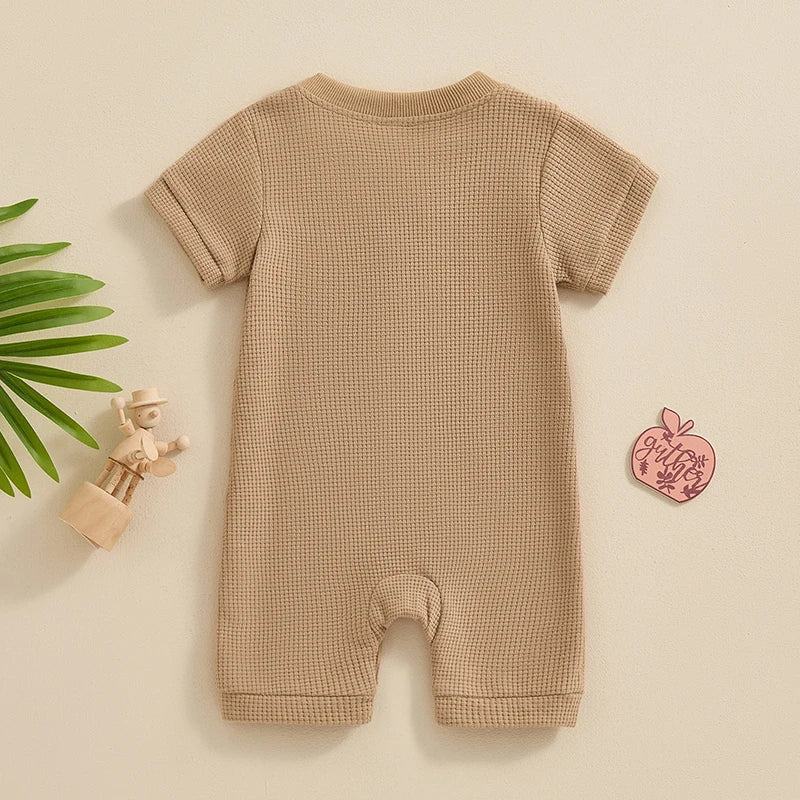 Baby Boy Girl Jumpsuit Summer Short Sleeve Solid Color Waffle Button Romper Playsuit