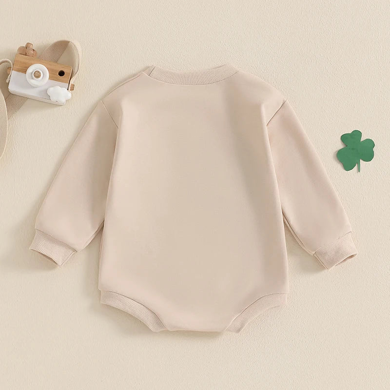 Baby Boys Girls One Spring St. Patrick's Day Birthday Romper Letter Shamrock Embroidery Long Sleeve O-Neck Bubble Jumpsuit