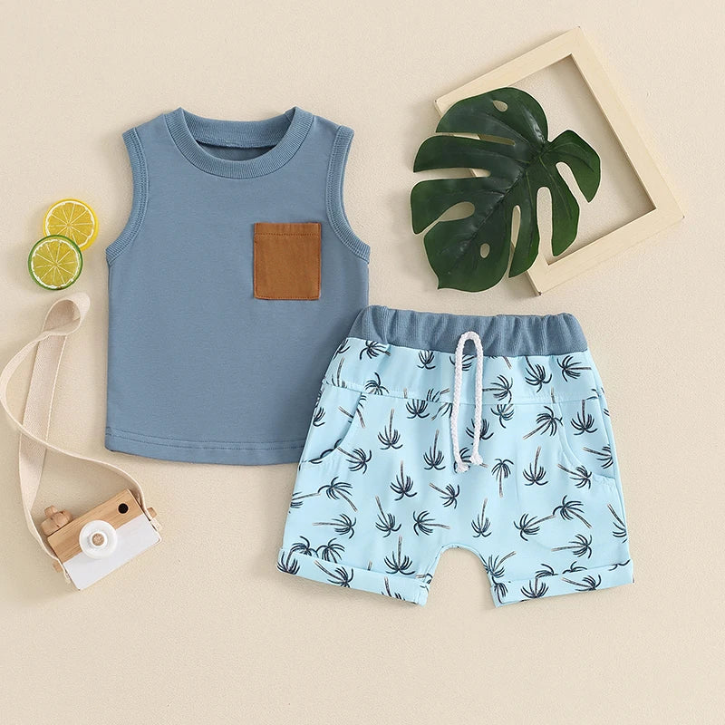 Toddler Baby Boys 2Pcs Summer Shorts Set Sleeveless Tank Top wth Pocket and Tropical Palm Tree Print Shorts Set