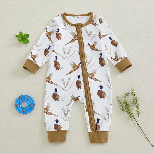 Baby Boys Girls Romper Soft Bird Wheat Ear Pattern Zipper Long Sleeve Crew Neck Jumpsuit