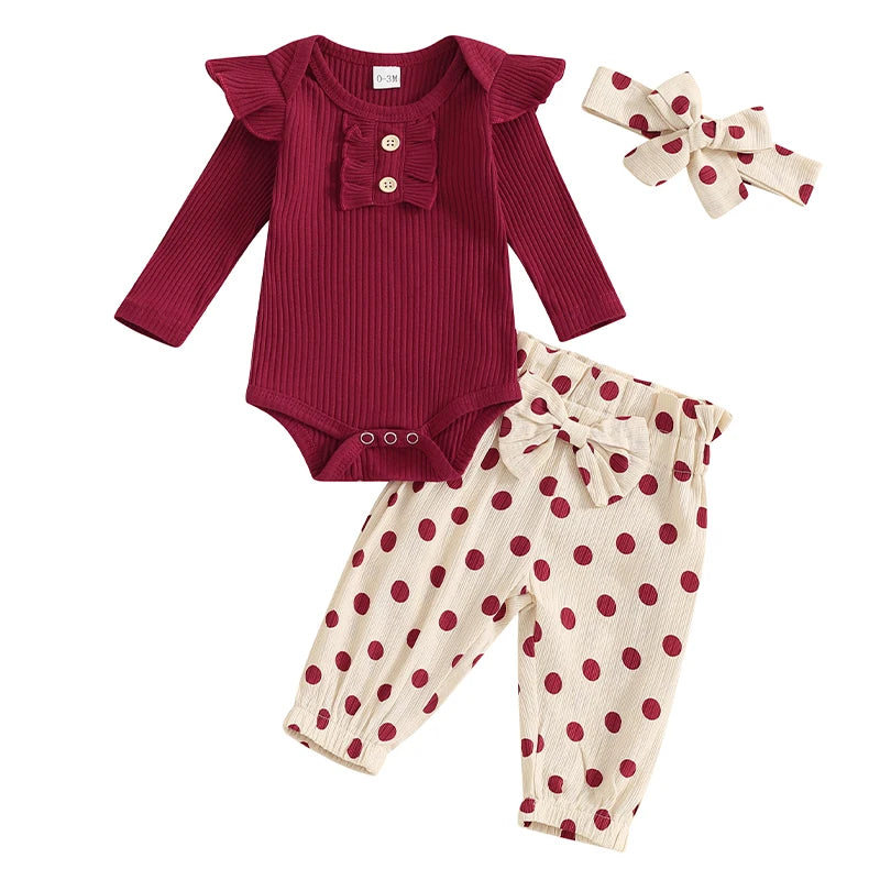 Baby Girls 3Pcs Fall Outfit Solid Color Crew Neck Long Sleeve Romper Polka Dot Print Long Pants Headband Set