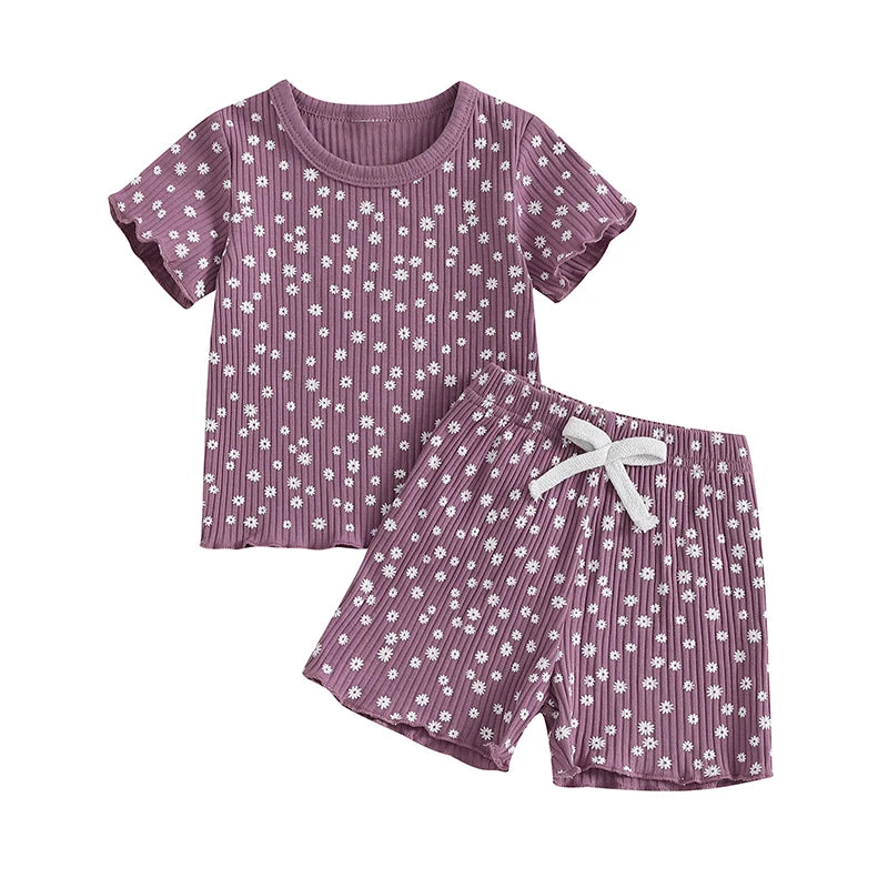 Baby Toddler Girls 2Pcs Flower Set Short Sleeve T-shirt Top With Shorts Floral Outfit