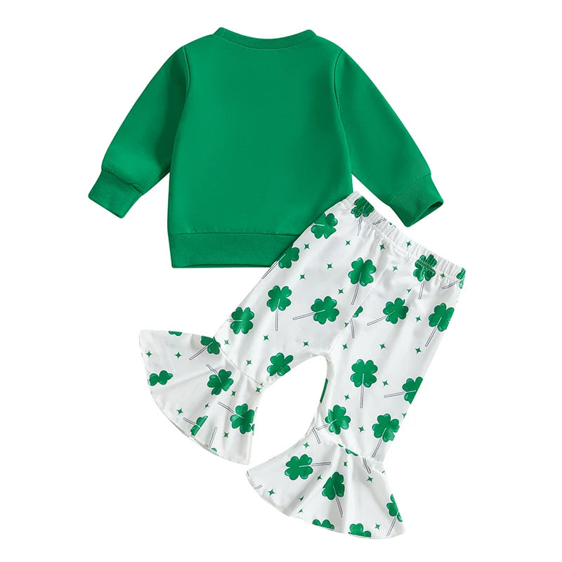 Baby Toddler Girls 2Pcs Lucky St. Patrick's Day Outfit Four Leaf Clover Long Sleeve Crewneck Top and Elastic Flare Pants Set Clothes