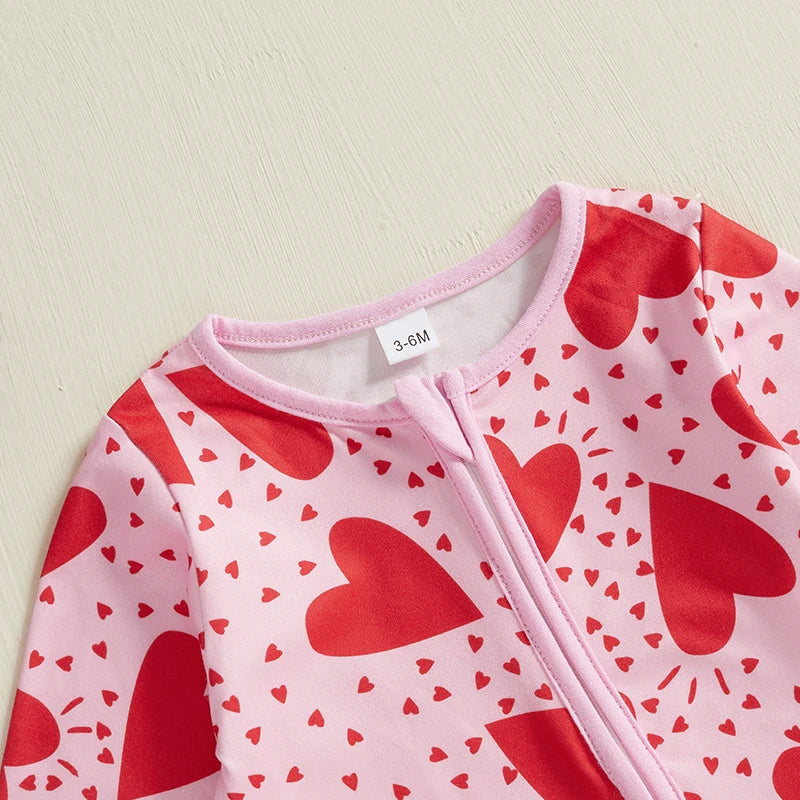 Baby Girl Valentine's Day Romper Heart Tractor Print Zipper Front Long Sleeve Full Length Valentines Jumpsuit