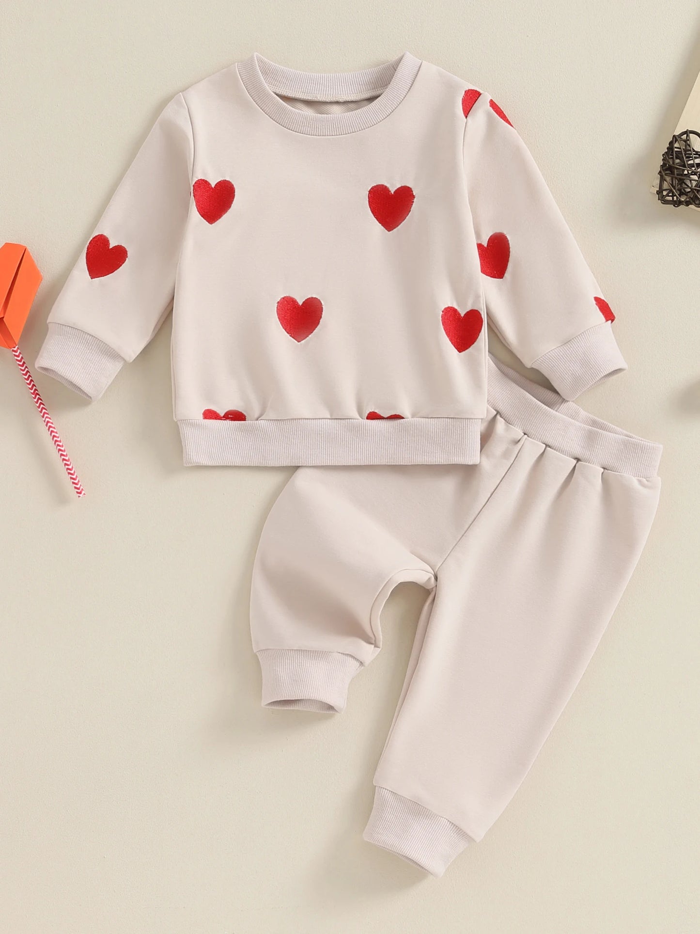 Baby Toddler Kids Girl 2Pcs Valentine's Day Outfits Long Sleeve Pullover Heart Print Top Pants Set Clothes