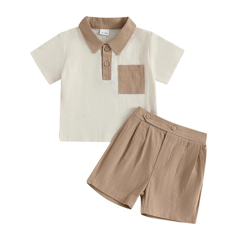 Baby Toddler Boys 2Pcs Summer Outfit Contrast Color Button Turn Down Collar Short Sleeve Shirt Top with Shorts Set