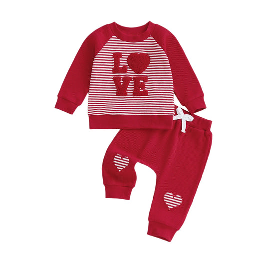 Baby Toddler Boy Girl 2Pcs Valentine's Day Outfits Waffle Stripe Heart Letter LOVE Embroidered Crew Neck Long Sleeve Top with Heart Patch Pants Jogger Set