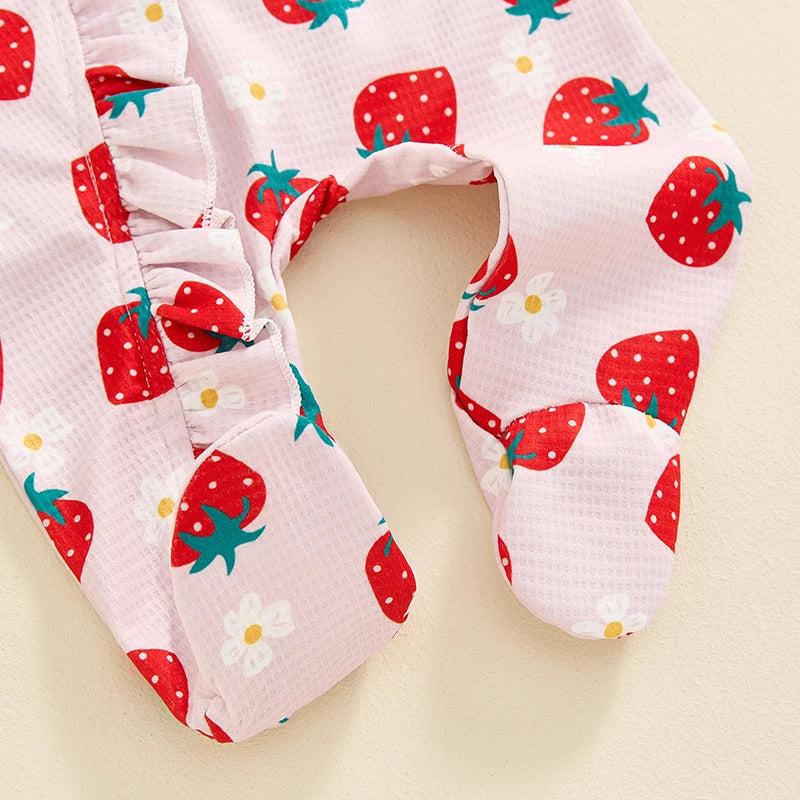 Baby Girls 2Pcs Long Sleeve Strawberry Flower Butterfly Print Frills Zipper Footies Jumpsuit and Headband Romper Set