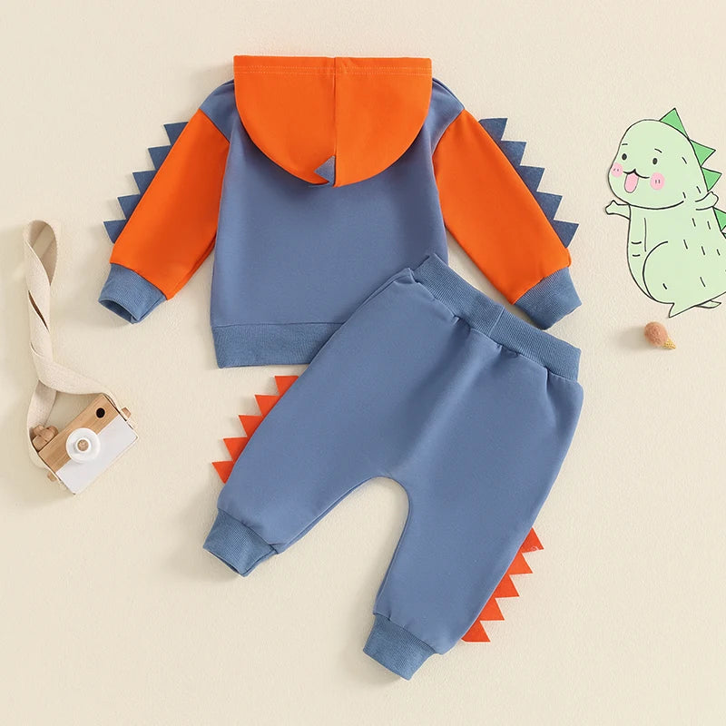 Baby Toddler Boys 2Pcs Dinosaur Outfit Contrast Color Long Sleeve Hoodie Top Elastic Waist Pants Set