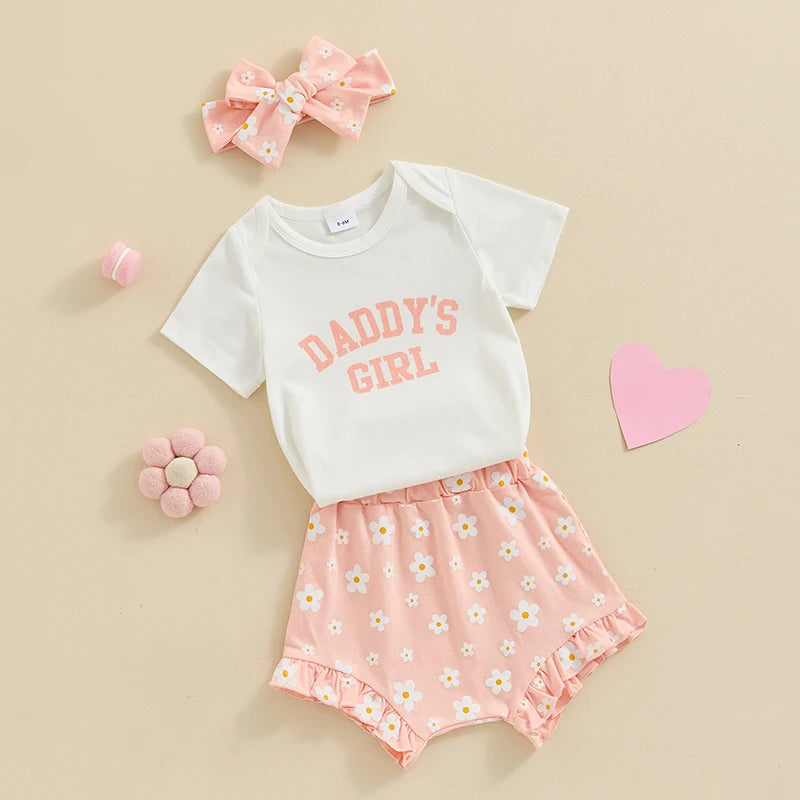 Baby Girl 3Pcs Daddy’s Girl Short Sleeve Romper Flower Ruffle Shorts Headband Outfit Set