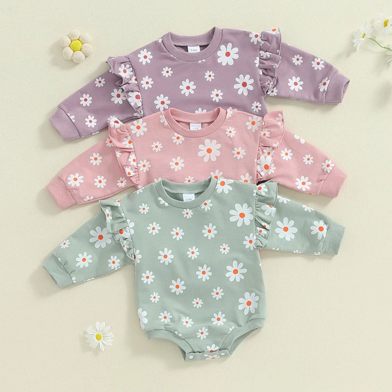 Baby Girl Bubble Romper Flower Daisy Print Round Neck Long Sleeve Jumpsuit