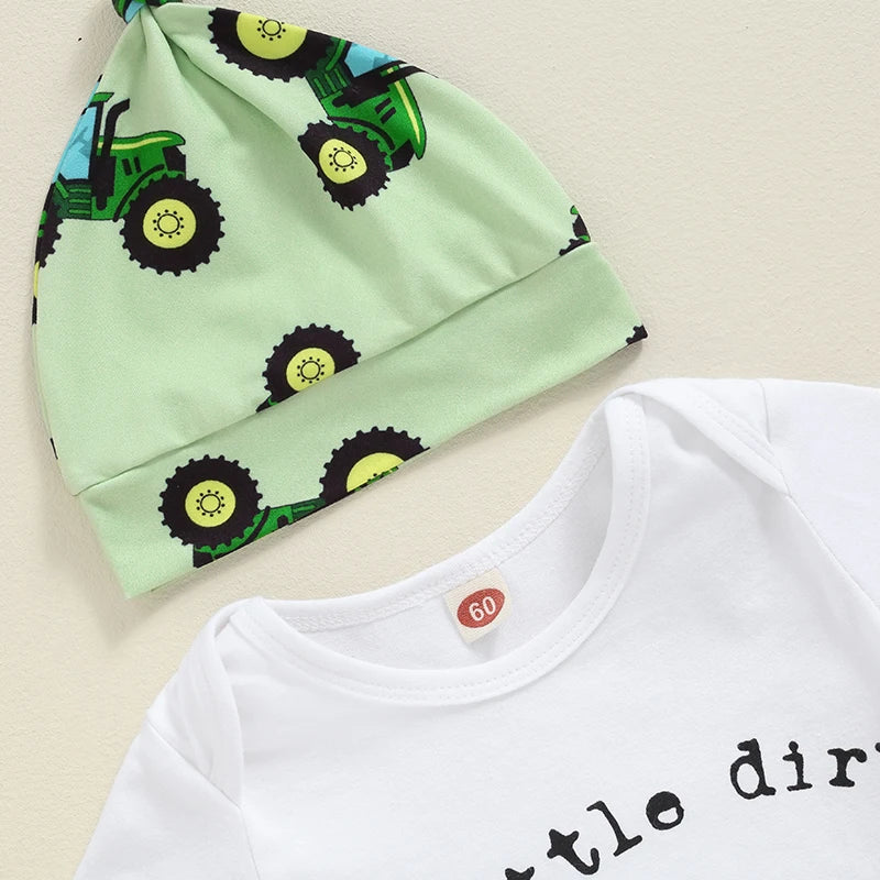 Baby Boys 3Pcs A Little Dirt Never Hurt Outfit Farm Short Sleeve Tractor Print Romper + Pants + Hat Set Clothes