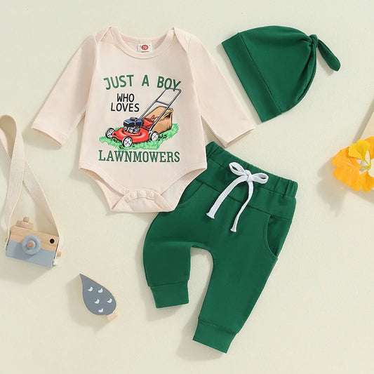 Baby Boys 3Pcs Set Just A Boy Who Loves Lawnmowers Long Sleeve Crew Neck Letters Print Romper with Pants and Hat Outfit