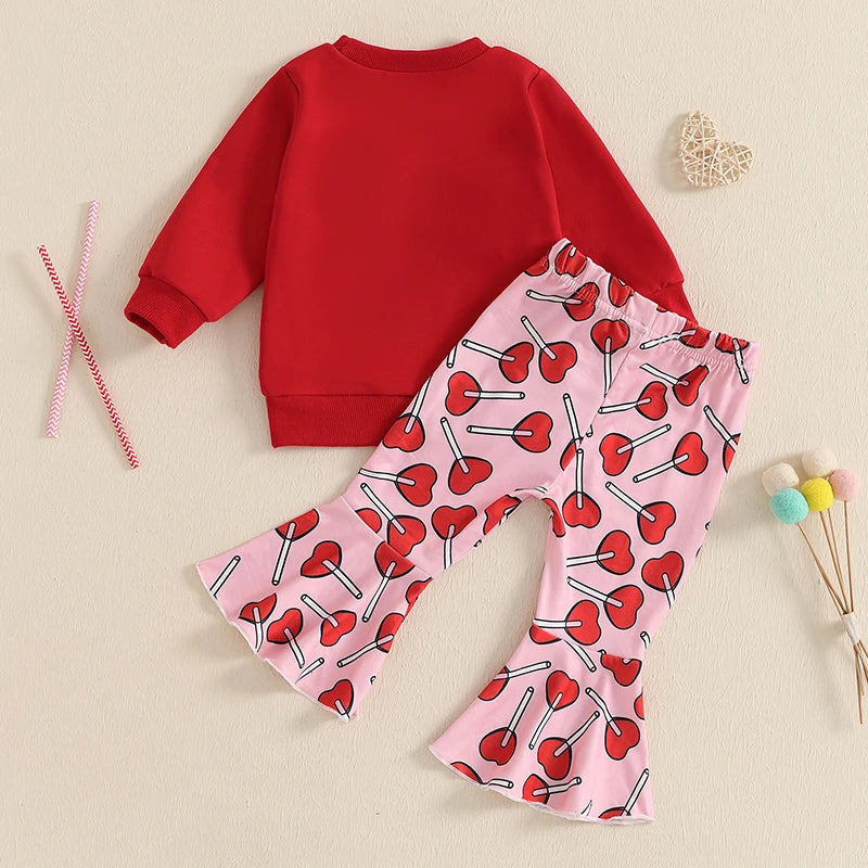 Baby Toddler Girls 2Pcs XOXO Valentine's Day Outfit Letter Embroidery Crew Neck Long Sleeve Top Flare Lolipop Print Pants Clothes Set Valentines