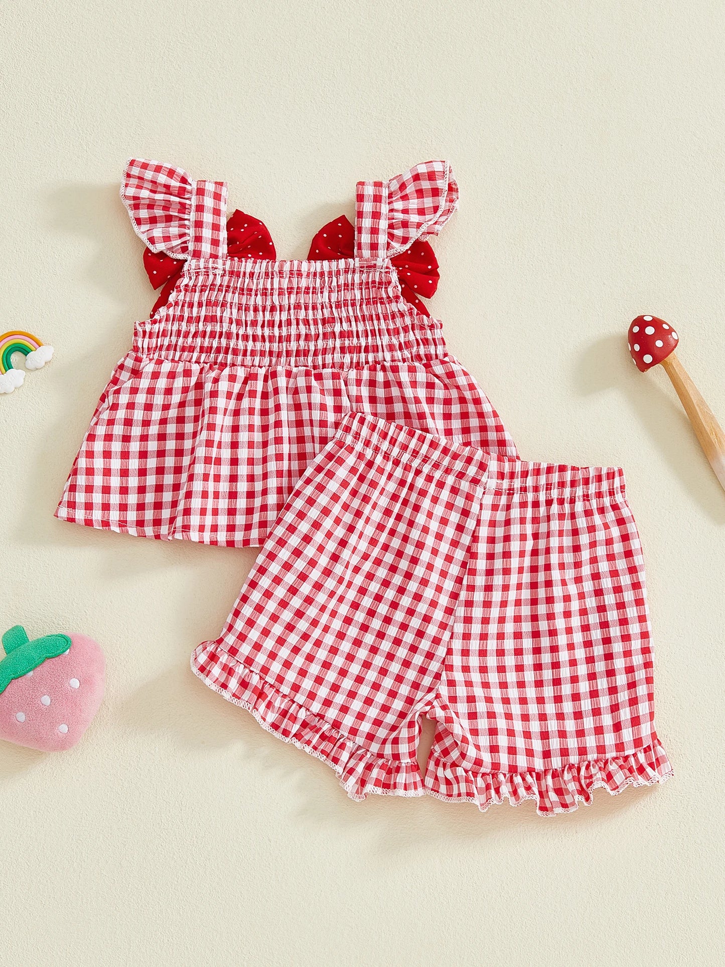 Baby Toddler Girls 2Pcs Spring Summer Outfit Strawberry Embroidered Plaid Bows Ruffled Trim Tank Top and Shorts Set