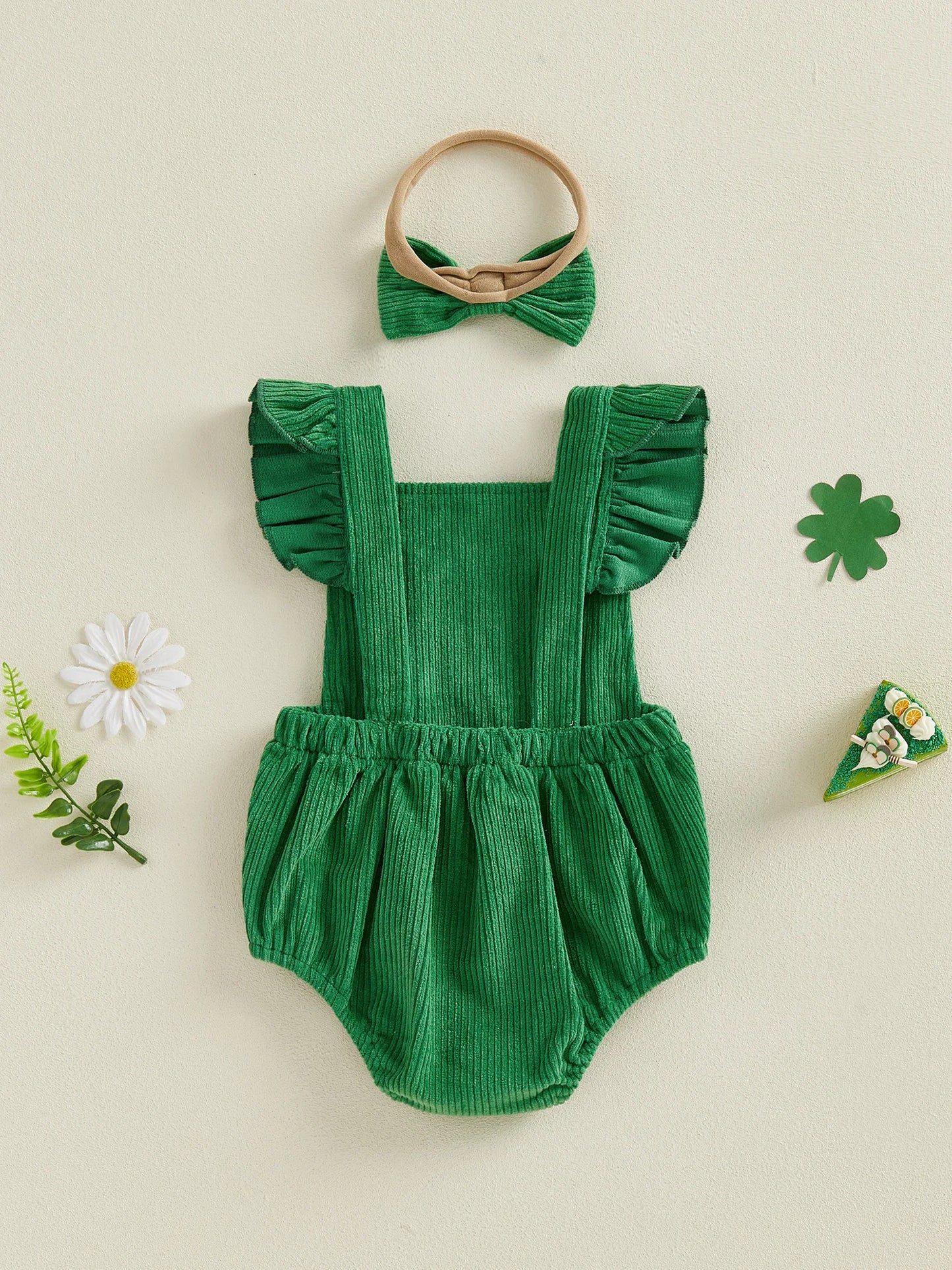 Baby Girls 2cs Lucky Charm Outfit Sleeveless Square Collar Shamrock Letter Overall Romper Embroidery Jumpsuit with Headband Set