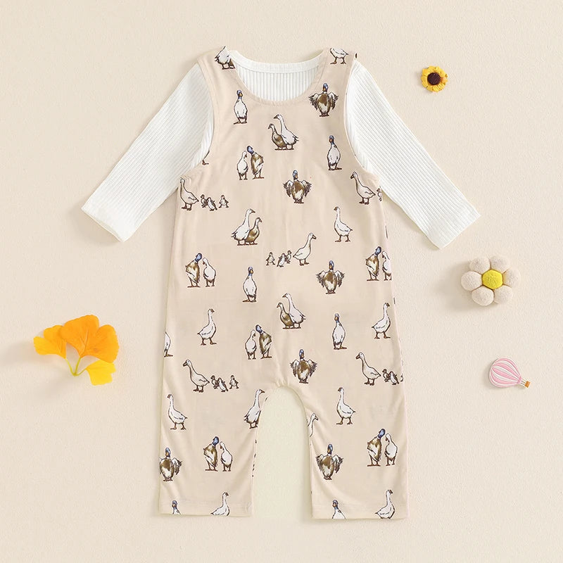 Baby Girls 2Pcs Fall Outfit Ribbed Solid Color Long Sleeve Top and Duck Print Suspender Pants Overalls Set