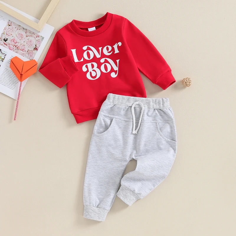 Toddler Baby Boys 2Pcs Valentine's Day Sets Long Sleeve Lover Boy Letter Print Pullover and Drawstring Pants Set