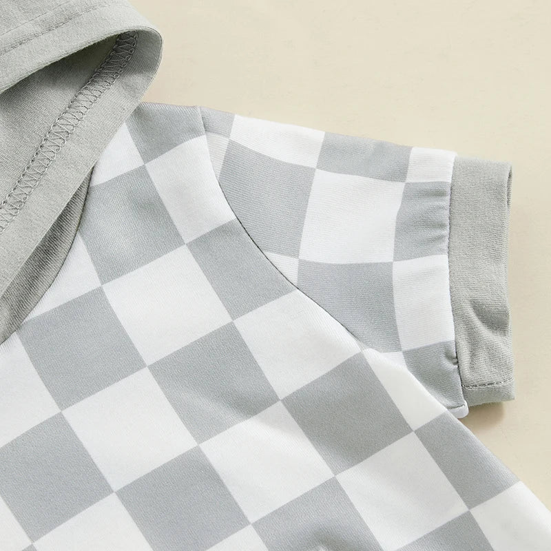 Baby Toddler Boys Girls 2Pcs Short Sleeve Checkerboard Hooded Top with Pocket and Drawstring Shorts Set Outfit