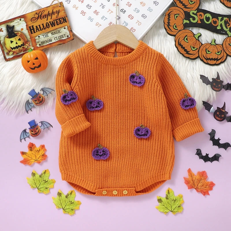 Baby Boys Girls Halloween Knit Romper Pumpkin Embroidery Round Neck Long Sleeve Sweater Jumpsuit