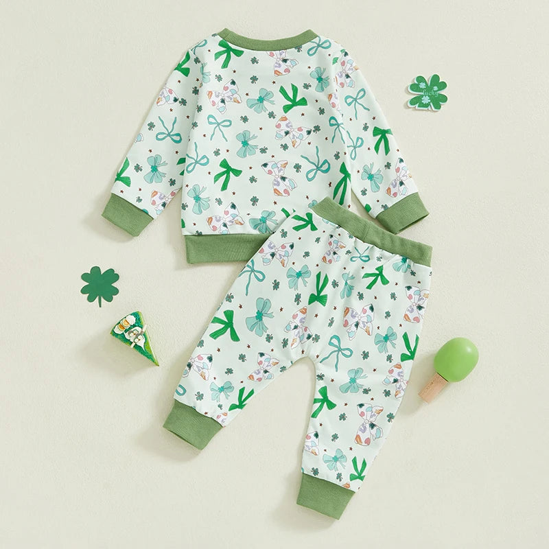 Baby Toddler Girls 2Pcs St. Patrick's Day Outfit Long Sleeve O Neck Bow Clover Shamrock Print Top Pants Jogger Set