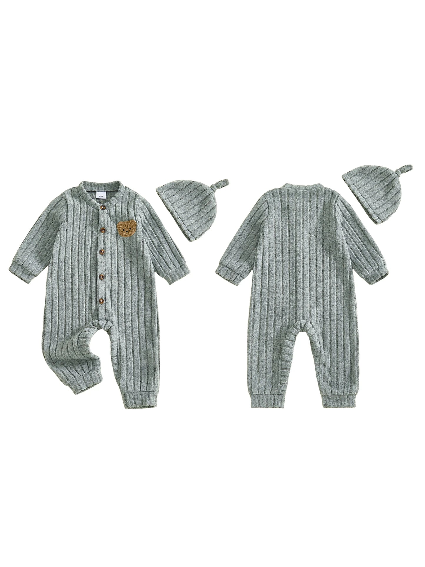 Baby Toddler Boy 2Pcs Jumpsuit and Hat Set Long Sleeve Bear Embroidery Button Down Romper with Hat Newborn Outfit